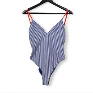 Zara Seersucker Blue and White Striped Swimsuit Red Orange Straps